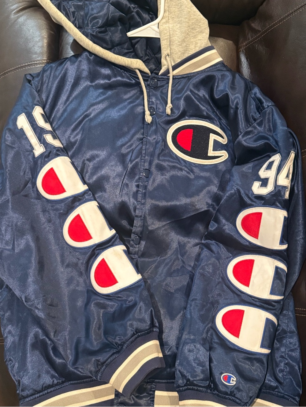 Supreme Navy Satin Hooded Varsity Jacket with Red & White Logos
